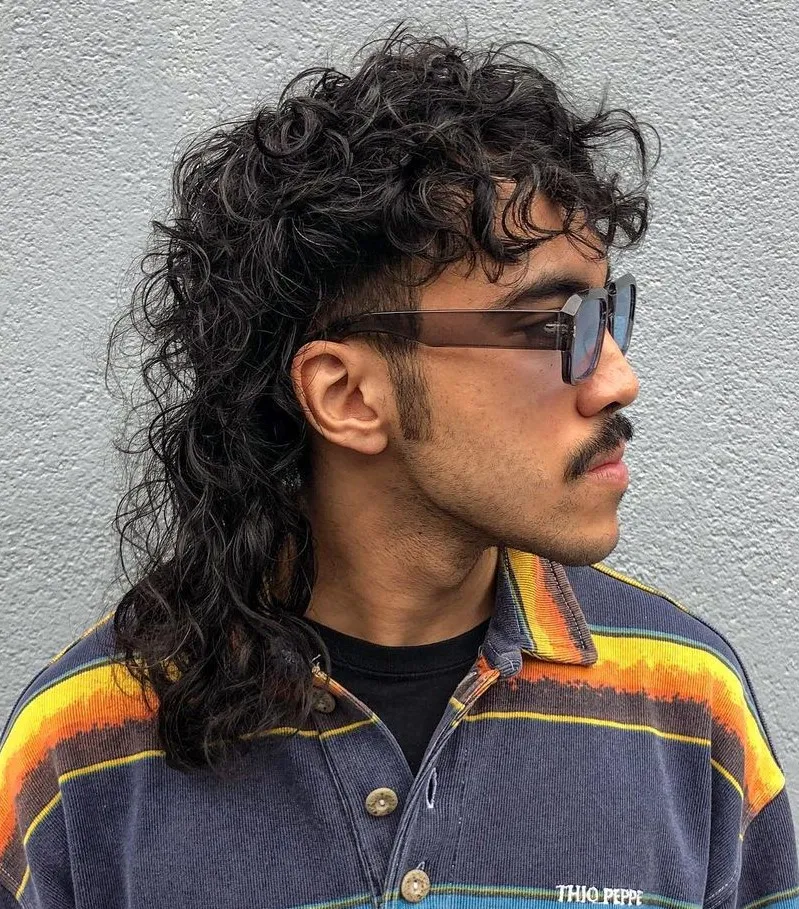 Curly Mullet with Temple Fade